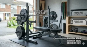 A heavy-duty Olympic weight bench with annotated details showing its 75mm steel frame and a maximum weight capacity of 300kg, compared to a standard 150kg bench.