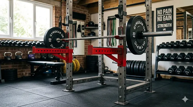 A pair of heavy-duty steel safety spotter arms attached to a black power rack in a modern British garage gym. safety spotter arms