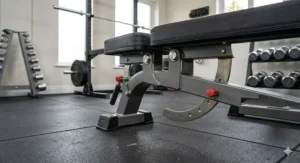 Close-up photorealistic illustration of the heavy-duty reinforced steel frame and powder-coated finish of a flat weight bench, showcasing the build quality and detailed welds.