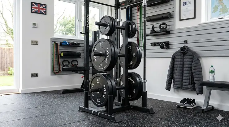A heavy-duty steel weight plate storage rack holding a full set of Olympic bumper plates in a home gym. weight plate storage rack