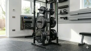 Close-up of reinforced steel arms on a weight plate tree capable of holding up to 300kg of iron plates.