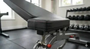 Close-up photorealistic illustration of the high-density foam padding and sweat-resistant upholstery of a professional weight bench, showcasing the detailed red double stitching.