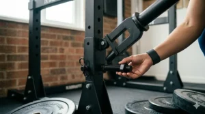 Detailed view of the pin and bolt mechanism used to secure a landmine attachment to a standard 60mm squat rack upright.