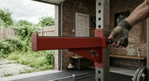 A person demonstrating how to securely fit a safety spotter arm to a 60mm squat stand upright.