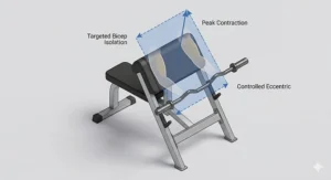 Alt text for image 2: An isometric technical diagram of a silver preacher curl bench showing targeted bicep isolation and controlled eccentric movement paths.