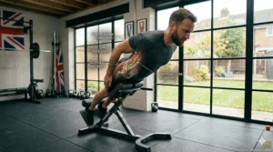 An illustration highlighting poor form on a back extension bench, showing dangerous over-arching of the spine at the top of the movement.