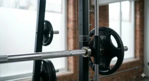 A 4K photorealistic close-up view focusing on the smooth linear bearing and chrome guide rod mechanism of a counter balanced Smith machine, showing the carriage in motion with weight plates.