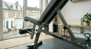 Rubberised non-slip feet on an ab bench to protect home gym flooring.