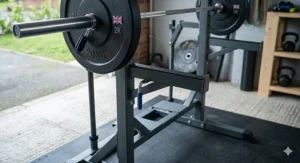 A close-up of the adjustable steel spotter arms and locking mechanism on an Olympic weight bench rack, demonstrating key safety features for solo training.