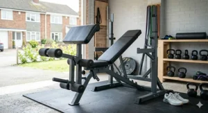 An illustration of the grey Olympic weight bench, configured in an incline position, featuring integrated leg developer and preacher curl attachments, set in a sunlit UK home garage gym.