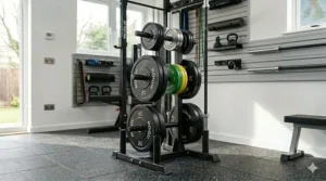 Weight plate storage rack with 50mm Olympic-sized sleeves suitable for bumper plates and competition discs.