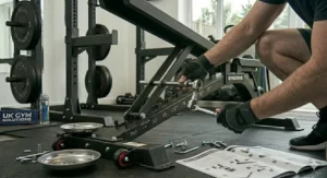 A person using a socket wrench to tighten the final bolts on the heavy-duty base of a newly assembled FID bench.