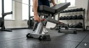 A close-up, photorealistic 4K image showing a person easily manoeuvring the specific metallic grey weight bench in a well-lit UK garage gym conversion, utilising the integrated transport wheels.