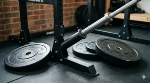 A portable landmine attachment inserted into the centre of two stacked Olympic weight plates.