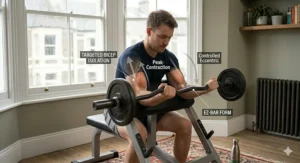 Alt text for image 8: Macro view of the compressed spring-loaded selector pin and etched height numbers 3 to 5 on a commercial preacher curl bench frame.