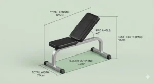 Alt text for image 3: A product specification diagram displaying the 120cm length, 75cm width, 95cm maximum height, and 0.9 square metre floor footprint of the bench.