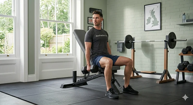 A versatile pro-grade adjustable weight bench in a modern UK home gym setting. adjustable weight bench