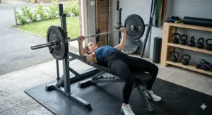 A photorealistic illustration demonstrating proper bench press form on an Olympic weight bench, with feet flat and lower back arched, set in a UK garage gym with natural light.