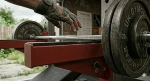 Detail shot of UHMW plastic liners on spotter arms designed to protect barbell knurling from damage.