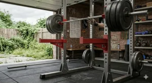 Close-up of safety spotter arms supporting a heavy Olympic barbell with bumper plates.
