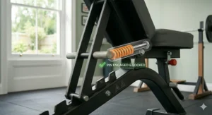 A physically fit person in a 90-degree upright adjustable weight bench performing a dumbbell shoulder press.
