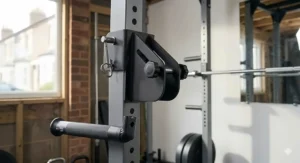 Detail shot of the heavy-duty hitch pin locking the dip bars to the power rack for maximum stability during weighted dips.
