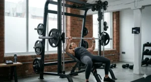 A photorealistic 4K detailed photograph capturing a woman performing a safe and controlled incline bench press within a commercial-grade black Smith machine, with visible Origin branded weight plates and the detailed counterbalance pulley mechanism.