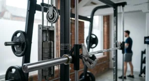 A photorealistic close-up illustration detailing the pulley system and internal counterbalance mechanism of a heavy-duty Smith machine, featuring intricate steel cables and precise bearings.