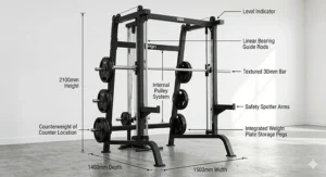 Technical diagram showing height and width dimensions for a counter balanced smith machine, with labels for linear guide rods and counterbalance location.