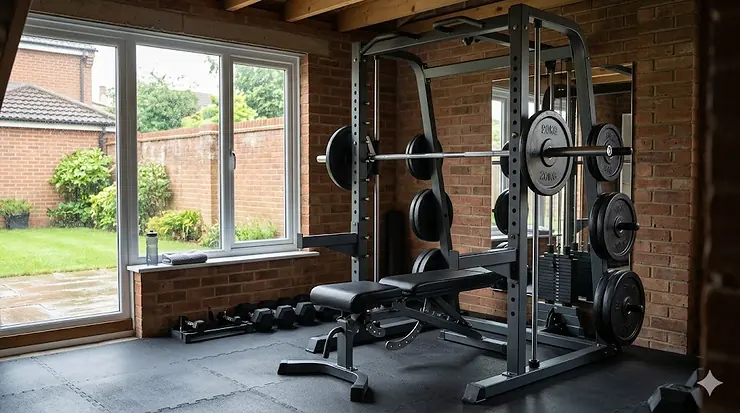 A complete smith machine for home use installed in a well-lit UK garage gym, featuring a barbell, weight plates, and adjustable bench. smith machine for home