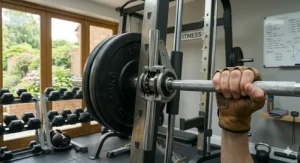 Detailed view of the smooth linear bearing system on a reliable budget Smith machine.
