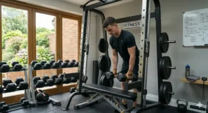 Close-up of adjustable safety catches on a durable Smith machine for home use.