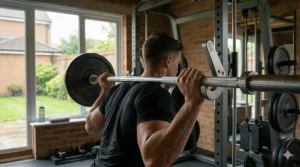 Close-up of the safety catch system on a home smith machine, demonstrating secure barbell locking for independent training.