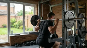 An athlete performing a controlled back squat using a smith machine in a home fitness space.