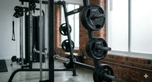 A photorealistic close-up view of the rear frame of a counter-balanced Smith machine, showing integrated weight plate storage pegs loaded with cast iron Olympic plates in a modern UK gym.