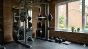 Integrated weight plate horns on the side of a home smith machine, helping to keep the gym area organised and tidy.