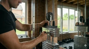 A multi-functional smith machine for home use, showcasing an integrated cable pulley system for upper body exercises.