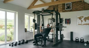 Athlete performing a barbell bench press inside a power rack