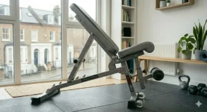 Athlete performing controlled crunches on a home gym ab bench.