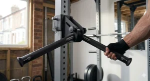 V-shaped dip handles on a power rack allowing for different grip widths to target chest or triceps.
