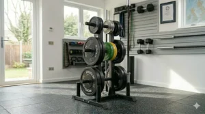 Multi-functional weight plate storage rack including integrated vertical holders for two Olympic barbells.