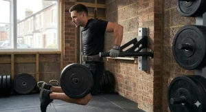 An athlete performing weighted tricep dips using a dip attachment for power rack with a dipping belt and plates.