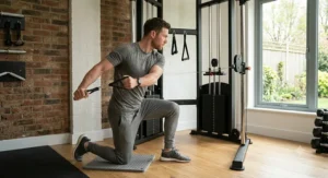 User performing a core rotation exercise on the functional trainer, demonstrating stability and movement.