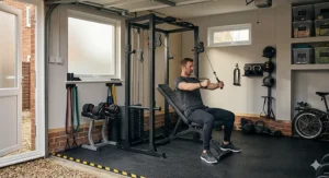 A man performing chest flys on a multi-station gym in a garage home gym environment.
