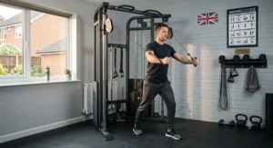 Person performing a chest fly on a compact cable crossover machine in a UK home gym setting.