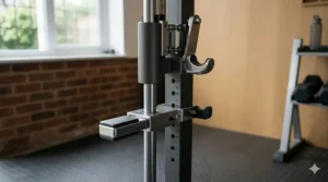 Macro photograph of the numbered adjustment holes and the robust adjustable safety catches and bar hooks on a compact Smith machine.