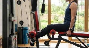 User adjusting the weight stack on a home multi gym machine for strength training.
