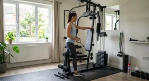 User adjusting the weight stack on a compact multi gym for a customisable strength training routine.