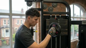 A user adjusting the adjustable pulley height on a cable crossover machine for targeted muscle isolation.