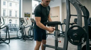 Adjusting the seat height on a plate-loaded lat pulldown machine for proper form.